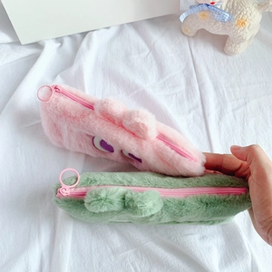 Cute large-capacity plush stationery bag with cartoon eyes in pink and green colors