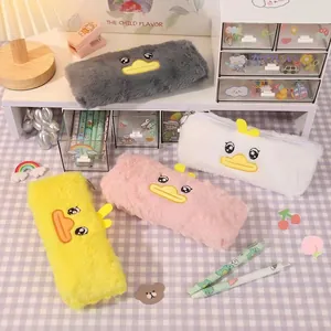 Cute Plush Duck Pencil Case Large Capacity Cartoon Stationery Pouch For Students Girls Kawaii Faux Fur Bag