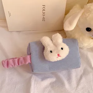 Süße blaue Kosmetiktasche aus Cord mit Plüschhasen-Design und rosa Griff für Makeup