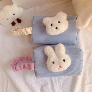 Blaue Cord-Aufbewahrungstasche mit Bären-Stickerei und elastischem Griff für Make-up