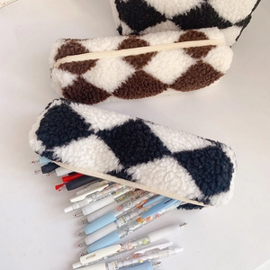 Japanese style plush argyle pencil case with large capacity and zipper closure