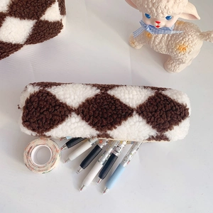 Japanese style checkerboard plush pencil case with large capacity for students