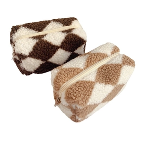 Checkerboard plush pencil cases in brown and tan with top zippers and large capacity