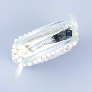 Handmade beaded handbag with marble pattern and clear acrylic handle in mini size