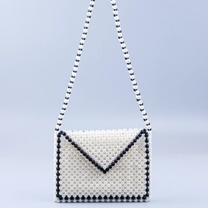 Handmade pearl beaded envelope bag with white body and black contrast strap for women