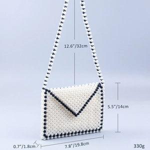 Detailed size chart for handmade pearl envelope bag with dimensions and weight
