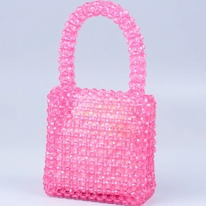 Handmade pink acrylic beaded handbag with square silhouette and top handle for women