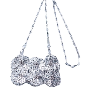 Silver metal sequin flower crossbody bag with industrial chain strap for women