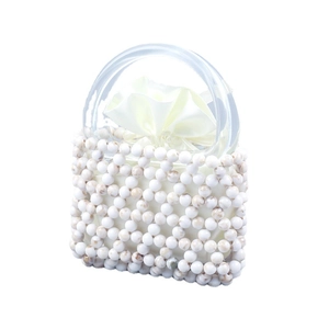 Elegant white beaded handbag with marble texture resin beads and clear acrylic handle