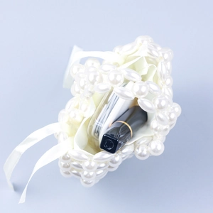 Handmade pearl woven mini basket bag with ribbon handle and soft fabric lining