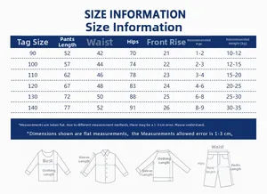 Detailed size chart for children's joggers showing waist and length measurements for ages 1-9