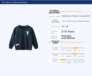 Detail view of navy blue fleece sweatshirt with cotton-poly fabric specs and size info