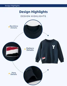 Detail view of navy blue kids sweatshirt with white letter Y patch and ribbed cuffs