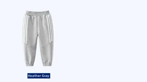 Detail view of heather grey knit joggers featuring elastic waist and triple side stripes