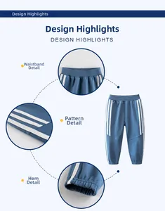 Detailed close-ups of kids navy sweatpants showing ribbed waist and side stripe stitching