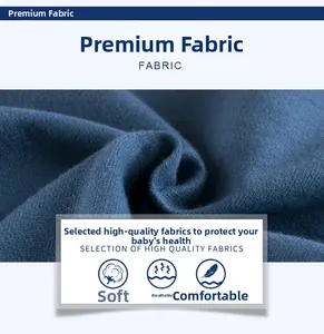 Macro detail of blue-grey ribbed knit fabric showing soft, breathable infant clothing texture
