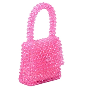 Handmade pink acrylic beaded handbag with square magnetic flap closure and top handle