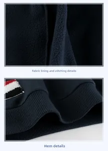 Detail of navy blue fleece lining and elastic ribbed hem with tricolor stripe tag