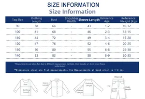 Size chart for children's sweatshirt sets including detailed length and weight guide