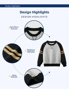 Kids color-block sweatshirt details showing ribbed neckline, hem, and sleeve stripe