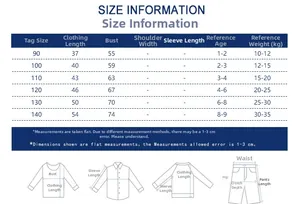 Detailed size guide for children's T-shirts showing length, chest and age for sizes 90-140