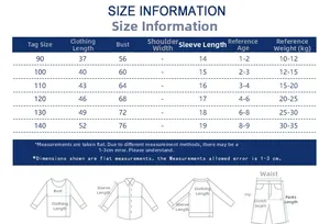 Detailed size chart for kids T-shirts including length, bust, and age recommendations