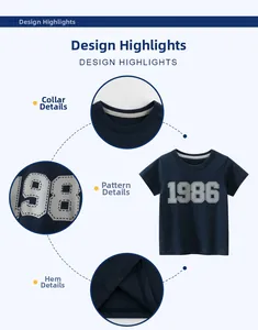 Detail view of boys navy blue t-shirt with 1986 print and ribbed neckline stitching