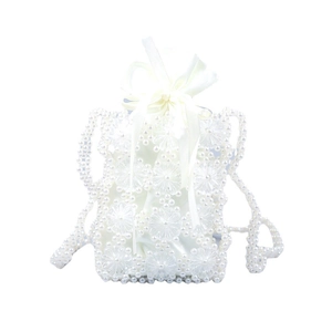 Sac bandoulière perlé blanc avec fleurs en relief et doublure en satin à nœud