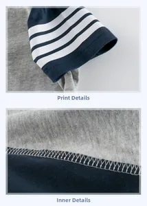 Detailed view of striped cuffs and high-quality inner stitching on kids' t-shirt