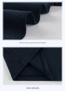 Detail of navy blue cotton t-shirt showing soft interior and precise double stitching