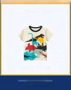 Detail of boys summer t-shirt with colorful dinosaur cartoon print and contrast neckline