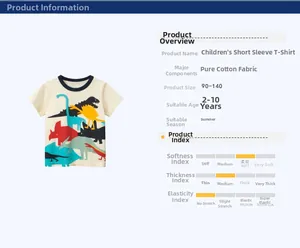 Detail view of cotton kids t-shirt with colorful cartoon dinosaur print and size chart