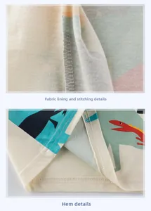 Detail of reinforced stitching and soft beige cotton fabric with dinosaur print