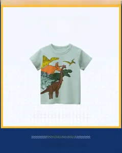 Close-up of mint green cotton t-shirt for kids featuring a colorful dinosaur print