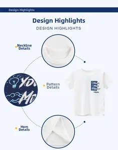 Λεπτομέρειες λευκού βαμβακερού παιδικού T-shirt με κολάρο, τύπωμα και ραφές στο στρίφωμα