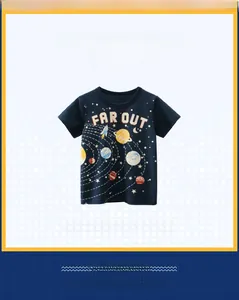 Detail of boys navy cotton T-shirt featuring cartoon space rocket far out print