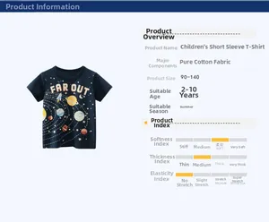 Detail of navy blue cotton t-shirt for boys featuring FAR OUT space graphic and sizing info