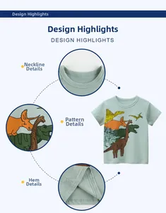 Detail view of cotton kids t-shirt with dinosaur print and neckline stitching