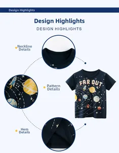 Detailed views of neckline, space print, and hem stitching on boys' navy cotton t-shirt