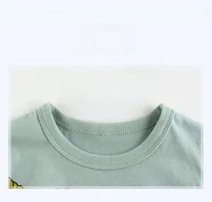 Close-up of mint green ribbed crew neck on cotton t-shirt with premium stitching detail