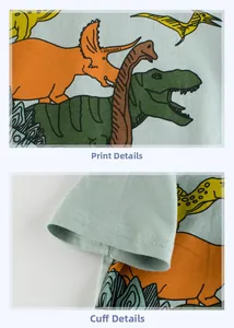 Detail of cartoon dinosaur print and double-needle stitching on green cotton kids' t-shirt