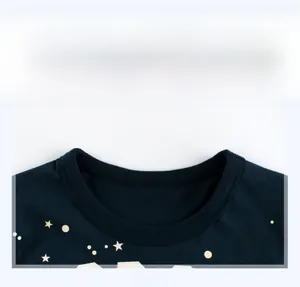 Close-up of navy blue crew neck collar with star print and ribbed knit texture