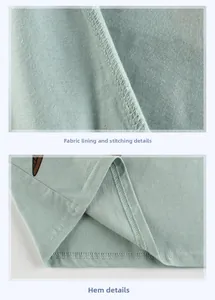 Detailed fabric lining, stitching, and hem finish of this green cotton t-shirt