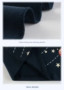 Detail of inner cotton fabric stitching and hemline on boys navy astronaut shirt