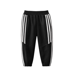 Classic black boys' sports sweatpants with side white stripes and elastic cuffs