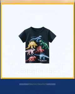 Detail of navy blue kids dinosaur T-shirt with colorful fossil prints for boys