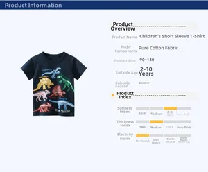 Detail chart of navy blue cotton kids T-shirt with dinosaur skeleton prints for summer