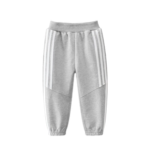 Classic light gray cotton joggers for boys with white side stripes and elastic waist