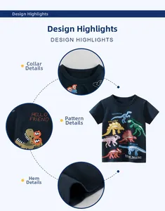 Detail showing ribbed neckline, high-quality dinosaur print and double-needle hem on blue tee