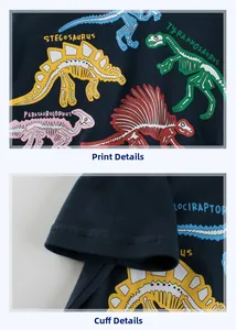 Detail of dinosaur skeleton print and cuff stitching on navy blue cotton kids T-shirt